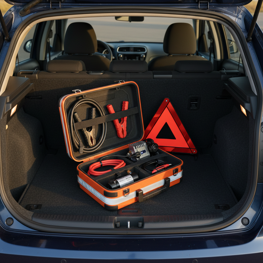 A compact, hard-shell emergency roadside kit with a textured orange exterior and reflective safety trim, unzipped and neatly arranged in the trunk of a dark blue hatchback. Inside, jumper cables with thick red and black insulation, a compact air compressor, a reflective warning triangle, and a tire pressure gauge are clearly visible. The trunk’s dark carpeting, foldable rear seats, and cargo hooks frame the scene. Soft, late-afternoon natural light streams in from the open hatch, casting gentle shadows and subtle highlights on plastic and metal surfaces. Photographed from a slightly elevated rear angle with moderate depth of field, creating a practical, reassuring, and professional atmosphere.