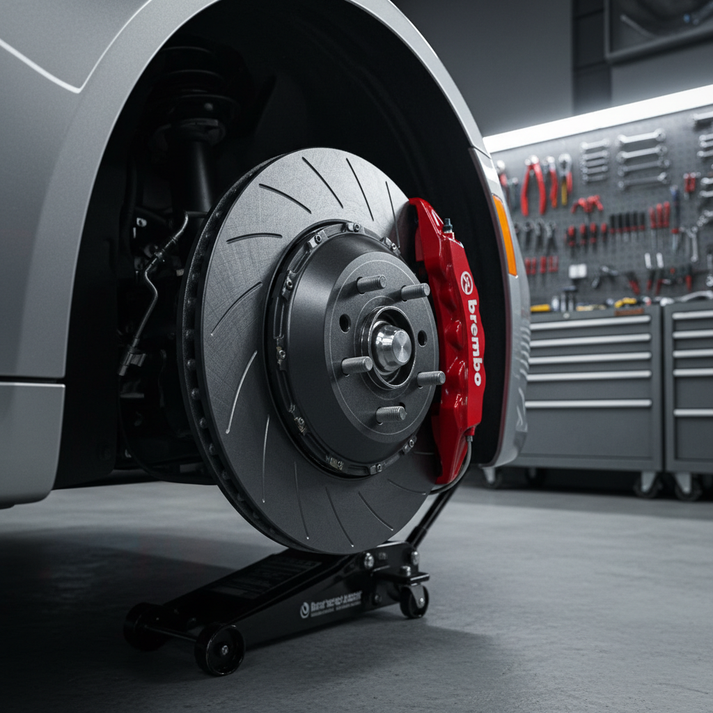 A set of high-performance, slotted brake rotors and bright red brake calipers installed on the front wheel hub of a metallic silver sports coupe, the wheel removed to show every detail. The rotor’s machined surface catches the workshop’s cool white LED lighting, revealing fine circular tooling marks and precisely milled slots. The background shows a realistic garage setting with a concrete floor, a low-profile jack, and blurred tool cabinets. Captured at a low, close-up angle with sharp focus on the rotor and caliper, the composition is dynamic yet technical, highlighting build quality and performance in a clean, professional, photographic style.