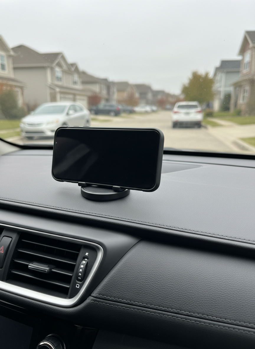 A sleek, matte-finish magnetic phone mount gripping a slim smartphone on a smooth black dashboard of a late-model crossover SUV. The vent blades and surrounding soft-touch plastics are visible, with finely textured surfaces and subtle stitching on the adjacent dash trim. Outside the windshield, a softly blurred suburban street with parked cars suggests real-world driving use. Natural overcast light illuminates the cabin evenly, creating a clean, reflection-free view of the mount. Shot from a slightly elevated, three-quarter angle toward the center of the dash, with photographic realism and a calm, professional mood that emphasizes stability, practicality, and everyday usability.